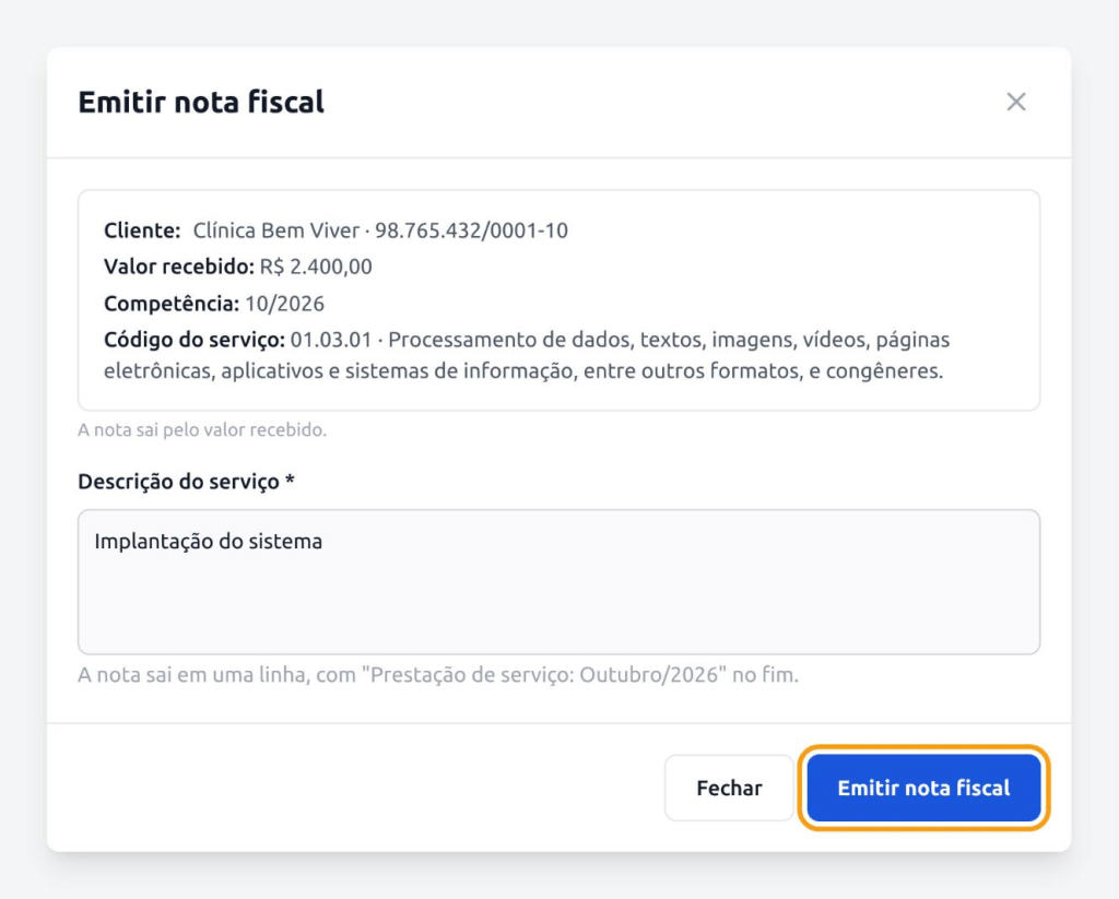 Tela Emitir nota fiscal da KingChart com cliente, valor e descrição vindos da receita
